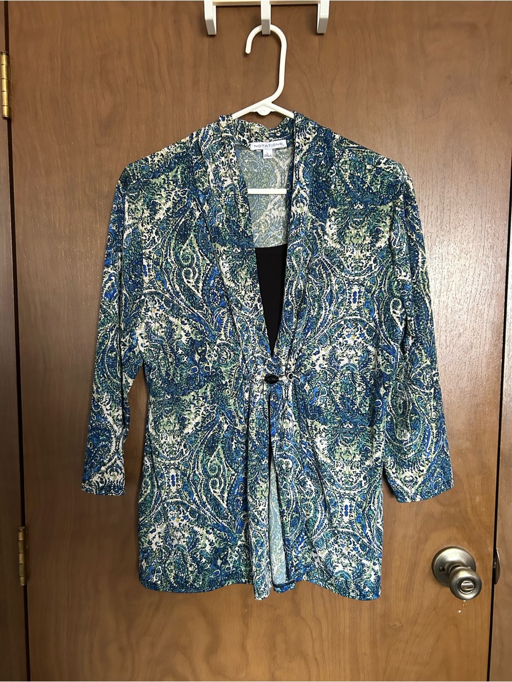 Notations Blue Green Paisley Open-Front Blouse